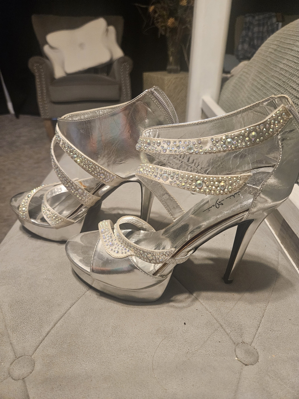 Silver Crystal-Strap Platform Heels